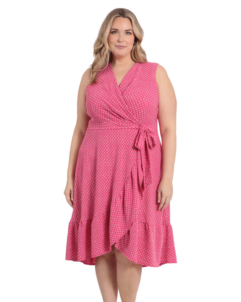 Front of a model wearing a size 14W Two tone eyelet side tie ruffle wrap dress in Hot Pink by London Times. | dia_product_style_image_id:264148